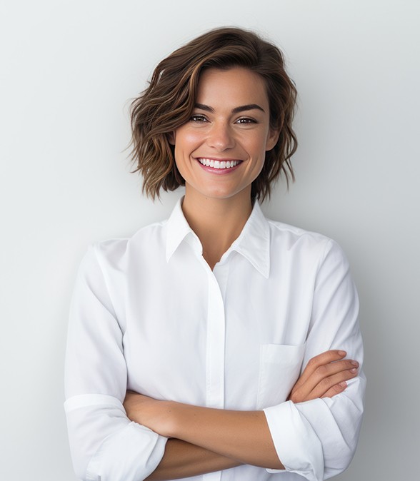 Brunette woman smiling after bone grafting in Dallas