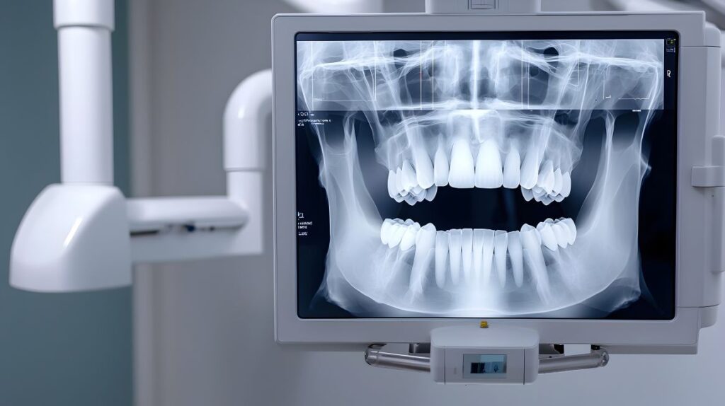 A cone beam CT scanner with an image of a jaw.